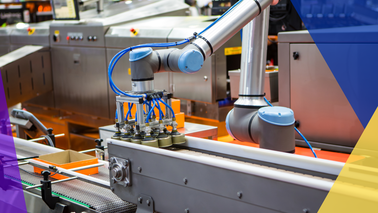 A robotic arm is used to move items along a conveyor belt in a factory setting.