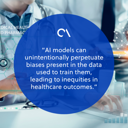 A doctor is sitting at a desk in a hospital, working on a laptop. The doctor has a stethoscope around their neck and is wearing a white lab coat. The background includes a medical chart and a network of connected dots. There are also graphics of heart rate and a bar chart.