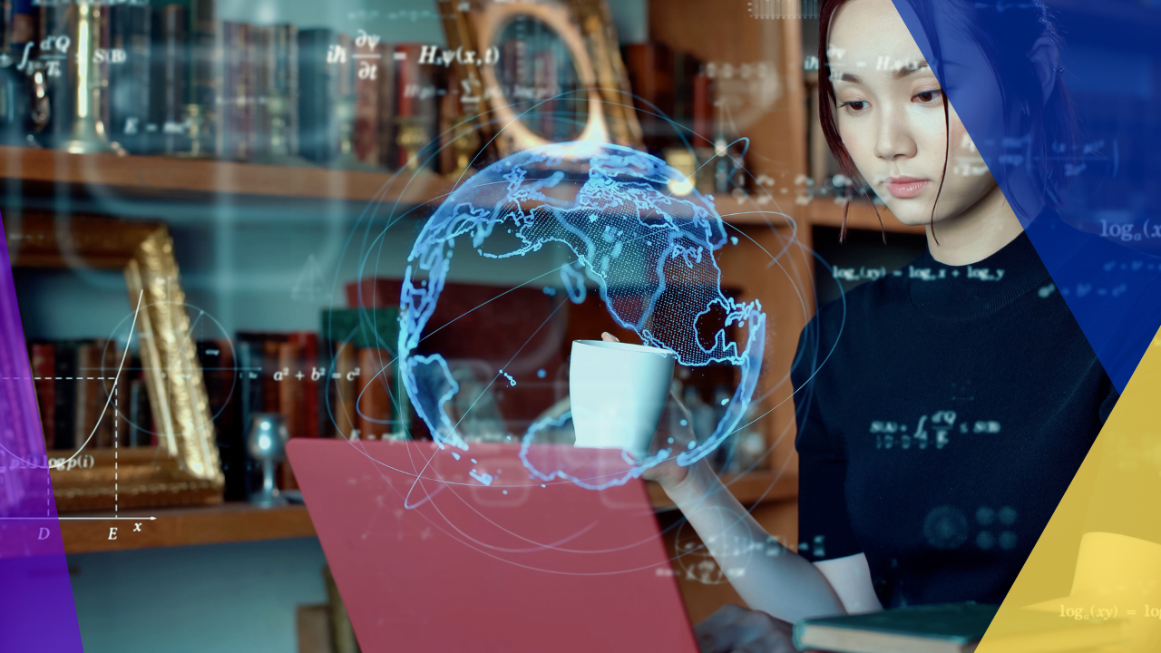 A woman sits in a room with a laptop in front of her, holding a mug in her right hand, as mathematical equations are overlaid on a globe in the background, symbolizing the intersection of technology and education while she focuses on her work.