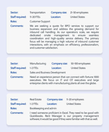 The screenshot shows three job descriptions for transportation, manufacturing, and real estate sectors, each including details such as sector, staff required, roles, company size, location, and comments.